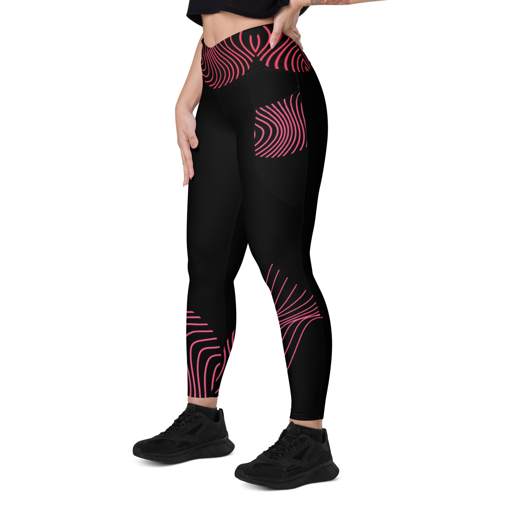 Black crossover leggings with pockets- activewear for gym girls. Fitness or yoga pants. RippleFX by WickedYo.